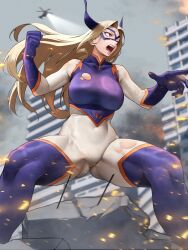 1girl absurdres aircraft blonde_hair bodysuit boku_no_hero_academia breasts domino_mask giant giantess hair_intakes helicopter highres horns large_breasts long_hair mask mount_lady outdoors red_eyes revision skin_tight solo superhero_costume thick_thighs thighs toned toned_female yoshio_(55level)
