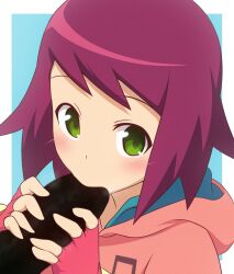 1girl blue_background blush border commentary_request curakuru eating ehoumaki fingerless_gloves food gloves holding holding_food hood hoodie looking_at_viewer makizushi mega_man_(series) mega_man_star_force_(series) outside_border phallic_symbol pink_hoodie red_gloves simple_background solo sonia_strumm_(mega_man) sushi upper_body white_border