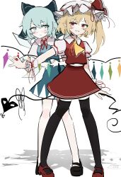 2girls absurdres black_choker black_thighhighs blonde_hair blue_dress blue_eyes blue_hair choker cirno commentary crystal_wings dress english_commentary flandre_scarlet full_body hat heart highres holding long_hair mob_cap multiple_girls ougiikun red_eyes red_shirt red_skirt shirt short_hair side_ponytail simple_background skirt standing thighhighs touhou white_background white_hat
