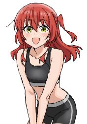 1girl :d absurdres bike_shorts bocchi_the_rock! flat_chest green_eyes highres kita_ikuyo long_hair one_side_up open_mouth red_hair riokasen smile solo sports_bra white_background