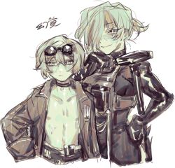 Rule 34 | 1boy, 1girl, alternate costume, bare shoulders, black choker, black wetsuit, blonde hair, choker, closed mouth, collarbone, cowboy shot, goggles, goggles on head, hair over one eye, height difference, highres, jacket, kromer (project moon), limbus company, looking at viewer, molar boatworks (identity) (project moon), multicolored hair, muted color, nail (hardware), open clothes, project moon, short hair, simple background, sinclair (project moon), smile, streaked hair, white background, ymst prmn