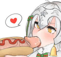 Rule 34 | 1girl, fate/grand order, fate (series), fellatio, hair bun, heart, helmet, highres, holding, hot dog, jeanne d&#039;arc (fate), jeanne d&#039;arc alter (fate), jeanne d&#039;arc alter santa lily (fate), ketchup, mico, oral, penis, penis hot dog, ribbon, saliva, single hair bun, spoken heart, uncensored, white hair, yellow eyes