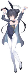 1girl absurdres animal_ears armpits black_bow black_bowtie black_hair blue_archive blush bow bowtie breasts closed_mouth coat commentary double_bun dragon_print grey_halo hair_bun halo hanzdayo high_heels highres jacket kisaki_(blue_archive) leotard long_hair pantyhose playboy_bunny rabbit_ears sidelocks solo striped_clothes striped_coat striped_jacket twintails vertical-striped_clothes vertical-striped_coat vertical-striped_jacket white_background white_pantyhose