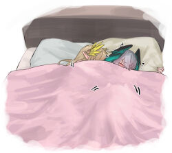 2girls absurdres aqua_wings arknights bed black_wings blanket blonde_hair blush c113oreo closed_eyes commentary elf english_commentary grey_hair hair_between_eyes head_wings highres ho&#039;olheyak_(arknights) laurel_crown laurels long_hair lying medium_hair muelsyse_(arknights) multicolored_wings multiple_girls on_bed pillow pink_blanket pointy_ears sleeping under_covers wings yuri