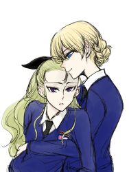 Rule 34 | 2girls, anmitsu sd, arms around waist, assam (girls und panzer), black bow, black necktie, blonde hair, blue eyes, blue sweater, bow, braid, collared shirt, darjeeling (girls und panzer), emblem, from side, girls und panzer, hair bow, highres, long hair, long sleeves, multiple girls, necktie, open mouth, purple eyes, school uniform, shirt, st. gloriana&#039;s (emblem), st. gloriana&#039;s school uniform, sweater, white shirt, yuri