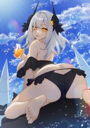 Rule 34 | 1girl, arbiter the chariot vii (azur lane), ass, ass cutout, azur lane, bikini, bikini skirt, black bikini, butt crack, clothing cutout, commission, cup, day, demon girl, demon horns, frilled bikini, frilled skirt, frills, from behind, full body, hair between eyes, hair over one eye, hand up, highres, holding, holding cup, horns, leaning forward, long hair, looking at viewer, looking back, maitei roppa, medium hair, microskirt, outdoors, parted lips, pixiv commission, rigging, siren (azur lane), skirt, smile, solo, star-shaped pupils, star (symbol), straddling, swimsuit, symbol-shaped pupils, white hair, yellow eyes