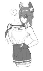 1girl ? blush breasts clothes_grab cowboy_shot cropped_legs dyun eyepatch from_side gloves greyscale hand_on_own_hip headgear highres kantai_collection large_breasts looking_at_viewer looking_to_the_side miniskirt monochrome necktie necktie_grab neckwear_grab one_eye_covered partially_fingerless_gloves pleated_skirt shirt simple_background skirt sleeveless sleeveless_shirt solo speech_bubble spoken_question_mark tenryuu_(kancolle) white_background
