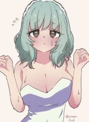 1girl blush breasts brown_eyes cleavage female_focus green_hair kimi_no_koto_ga_dai_dai_dai_dai_daisuki_na_100-nin_no_kanojo large_breasts nemui_nemu pizzayanopunch short_hair signature solo