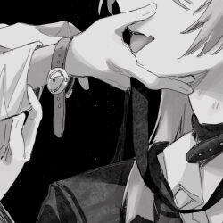 2girls bang_dream! bang_dream!_it&#039;s_mygo!!!!! chihaya_anon chinese_commentary collar commentary_request commission fang greyscale highres holding holding_leash jacket lanserongjie leash long_hair long_sleeves monochrome multiple_girls nagasaki_soyo open_mouth second-party_source skin_fang tongue tongue_out watch wristwatch yuri
