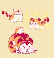 Rule 34 | &gt;:3, :3, absurdres, age difference, black eyes, blush, closed eyes, closed mouth, commentary, creature, curled up, doodlelotl, electricity, english commentary, evolutionary line, fangs, fat, faux traditional media, full body, gen 2 pokemon, hair raising, highres, kotora (pokemon), lightning bolt symbol, limited palette, nintendo, no humans, open mouth, orange background, pokemon, pokemon (creature), pokemon gsc, pokemon gsc (prototype), prototype design, puffy cheeks, raitora, simple background, size difference, sleeping, standing, striped tail, tail, tail raised, tiger, v-shaped eyebrows, whiskers