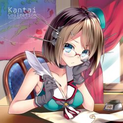 10s 1girl bespectacled blue_eyes bottle breasts brown_hair cleavage copyright_name glasses gloves hair_ornament hairclip hand_on_own_cheek hand_on_own_face hat inkwell inkwell kantai_collection map maya_(kancolle) md5_mismatch quill rei_(rei&#039;s_room) resolution_mismatch school_uniform short_hair source_larger