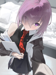 1girl absurdres bed black_dress blush closed_mouth collared_dress commentary_request dress fate/grand_order fate_(series) grey_jacket head_tilt highres holding holding_tablet_pc hood hood_down hooded_jacket indoors jacket looking_at_viewer mash_kyrielight multicolored_jacket necktie one_eye_covered open_clothes purple_eyes purple_hair red_necktie rnte5434 short_hair sleeveless sleeveless_dress smile solo tablet_pc twitter_username two-tone_jacket white_jacket