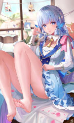 1girl a-by absurdres ayaka_(genshin_impact) barefoot blue_eyes blue_hair braid cherry_blossoms fan feet genshin_impact hat highres kamisato_ayaka kamisato_ayaka_(springbloom_missive) light_blue_hair long_hair looking_at_viewer paimon_(genshin_impact) photo_(object) soles toes window