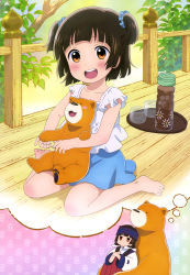 Rule 34 | 10s, 1girl, :d, absurdres, aged down, amayadori machi, barefoot, bear, black hair, blouse, blush, blush stickers, brown eyes, casual, daydream, drink, feet, female focus, highres, japanese clothes, jitome, kumai natsu, kumamiko, legs, low twintails, miko, non-web source, nyantype, official art, open mouth, shirt, sitting, smile, solo, speech bubble, thought bubble, toes, twintails, two side up, white shirt