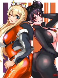 2girls artist_request ass ass-to-ass ass_press black_hair blonde_hair blue_eyes blush bodysuit breasts come_hither double_bun from_behind gloves goddess_of_victory:_nikke grin hair_bun half_updo huge_ass large_breasts long_hair looking_at_viewer multiple_girls naughty_face one_eye_closed quency_(nikke) red_eyes short_hair sideboob skin_tight smile tongue tongue_out tove_(nikke) very_long_hair