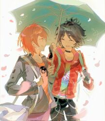 2boys aeridpm bag black_choker black_hair black_jacket black_pants blue_eyes choker closed_eyes falling_petals fingerless_gloves gloves highres holding holding_bag holding_umbrella hood hoodie jacket looking_at_another marc_anciel miraculous_ladybug multiple_boys nathaniel_kurtzberg pants petals purple_pants rainbow_gradient red_hair red_hoodie red_shirt shirt skinny_jeans smile umbrella white_background