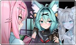 Rule 34 | + +, 3girls, :d, ?, ??, ahoge, animal ear fluff, animal ears, apron, aqua eyes, aqua hair, aqua nails, aqua necktie, bell, black ribbon, black sailor collar, black serafuku, black shirt, blue eyes, blue hair, blue necktie, blush, border, breasts, brown hair, card, cat ears, cat girl, closed mouth, collarbone, collared shirt, confused, diamond-shaped pupils, diamond (shape), eye contact, eyo (vrchat), fingernails, flower, fox ears, fox girl, green eyes, grin, hair bell, hair between eyes, hair flower, hair intakes, hair ornament, hair ribbon, hairclip, hands up, holding, holding card, jingle bell, lamandavrc, long hair, long sleeves, looking at another, manuka (vrchat), medium breasts, multiple girls, nail polish, neckerchief, necktie, open mouth, outline, pink eyes, pink hair, playing card, playing games, pointing, puffy sleeves, red eyes, red neckerchief, ribbon, rindo (vrchat), sailor collar, school uniform, serafuku, shirt, sidelocks, sleeveless, smile, sweat, sweatdrop, symbol-shaped pupils, twintails, upper body, vrchat, wavy mouth, white border, white flower, white outline, white shirt, x hair ornament