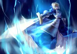 1girl ahoge armor armored_dress artoria_pendragon_(fate) bad_id bad_pixiv_id blonde_hair blue_theme dress excalibur_(fate/stay_night) fate/stay_night fate_(series) faulds female_focus gauntlets green_eyes juliet_sleeves long_sleeves nianbingzi puffy_sleeves saber_(fate) solo sword weapon