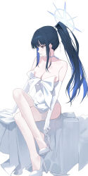 1girl absurdres bare_shoulders black_hair blue_archive blue_eyes blue_hair breasts choker cleavage collarbone colored_inner_hair commentary dress elbow_gloves gloves hair_ornament halo high_heels highres large_breasts long_hair multicolored_hair ponytail saori_(blue_archive) saori_(dress)_(blue_archive) sitting solo sukaliya thighhighs white_dress white_gloves white_thighhighs