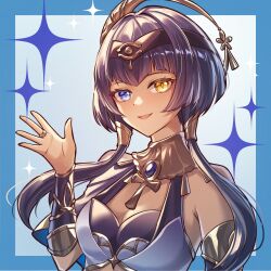 1girl absurdres ancient_egyptian ancient_egyptian_clothes ankh ankh_necklace arm_guards arm_up bare_shoulders blue_border blue_eyes blue_hair border breasts candace_(genshin_impact) dark-skinned_female dark_skin eye_of_horus genshin_impact heterochromia highres large_breasts looking_at_viewer open_mouth short_hair_with_long_locks smile sparkle upper_body waving yellow_eyes yuno_kaihara