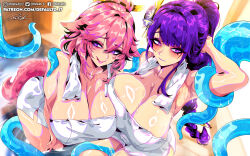 2girls absurdres animal_ears armpits breasts cleavage closed_mouth defaultz flower fox_ears fox_girl fox_tail genshin_impact hair_flower hair_ornament highres large_breasts long_braid long_hair mole mole_on_armpit mole_under_eye multiple_girls multiple_moles naked_towel patreon_username pink_hair pink_nails ponytail purple_eyes purple_hair raiden_shogun shiny_skin tail tentacles towel towel_around_neck water wet yae_miko
