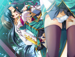 1girl baseson black_hair blush fingering game_cg hongou_kazuto kan&#039;u_(koihime_musou) katagiri_hinata koihime_musou long_hair ponytail romance_of_the_three_kingdoms thighhighs underwear yellow_eyes