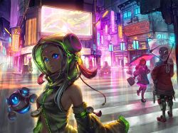 Rule 34 | 1boy, 2girls, :3, armpits, backlighting, bare shoulders, black vest, blue eyes, breasts, briefcase, city, closed mouth, clothed robot, coat, commission, crosswalk, dark skin, detached sleeves, facial mark, floating, forehead, forehead mark, full body, glowing, glowing eyes, hair slicked back, hand on own hip, head tilt, holding, holding umbrella, hood, hood up, hooded vest, hoodie, humanoid robot, lamppost, long sleeves, looking at viewer, makeup, mascara, mechanical legs, medium breasts, motor vehicle, motorcycle, multiple girls, open clothes, open coat, original, partially unzipped, patipat asavasena, pedestrian lights, reflective floor, road, road sign, robot, school briefcase, science fiction, sideboob, sign, smile, standing, street, tassel, transparent, transparent umbrella, umbrella, upper body, vest, walking, wide sleeves, zipper, zipper pull tab