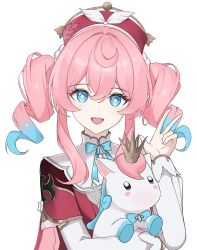 1girl absurdres aqua_bow aqua_bowtie aqua_hair blue_eyes bow bowtie bright_pupils commentary drill_hair gradient_hair hair_between_eyes hat highres honkai:_star_rail honkai_(series) hyacine_(honkai:_star_rail) little_ica_(honkai:_star_rail) long_hair long_sleeves looking_at_viewer multicolored_hair nicel open_mouth pink_hair red_hat simple_background solo twin_drills two-tone_hair upper_body w white_background white_pupils