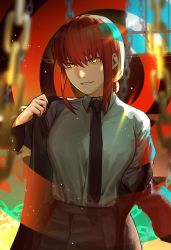 1girl absurdres black_jacket black_necktie braid braided_ponytail breasts chain chainsaw_man collared_shirt dressing highres jackboo jacket jacket_partially_removed looking_at_viewer makima_(chainsaw_man) medium_breasts medium_hair necktie red_hair shirt shirt_tucked_in sidelocks smile solo spiral teeth white_shirt window yellow_eyes