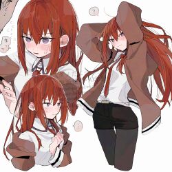 ... 1boy 1girl ? arm_belt arms_behind_head arms_up beard_stubble belt black_pantyhose black_shorts brown_jacket cropped_legs cropped_torso dress_shirt facial_hair flying_sweatdrops hair_between_eyes hand_on_own_chest highres jacket light_smile long_hair makise_kurisu multiple_views necktie pantyhose pantyhose_under_shorts purple_eyes red_hair red_necktie shirt shorts sidelocks simple_background small_sweatdrop speech_bubble spoken_ellipsis spoken_question_mark steins;gate stubble suehiroch0 sweatdrop translation_request watermark white_background white_belt white_shirt
