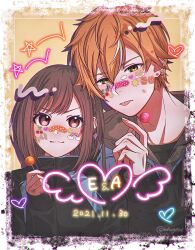 Rule 34 | 1boy, 1girl, 2021, :3, bandaid, bandaid on face, bandaid on nose, black jacket, blue trim, bob cut, border, bow, bow earrings, brother and sister, brown eyes, brown hair, candy, chromatic aberration, closed mouth, commentary request, dated, earrings, film grain, fingernails, food, frown, green eyes, grey hood, hand up, heart, heart sticker, highres, holding, holding candy, holding food, holding lollipop, hood, hood down, hooded jacket, inset border, jacket, jewelry, korean text, lollipop, long sleeves, multicolored hair, nhrg806, orange background, orange hair, project sekai, puffy long sleeves, puffy sleeves, shinonome akito, shinonome ena, short hair, siblings, simple background, star (symbol), sticker on face, streaked hair, striped background, swept bangs, tongue, tongue out, translation request, turtleneck, turtleneck jacket, two-tone hair, upper body, v-shaped eyebrows, white border, white hair
