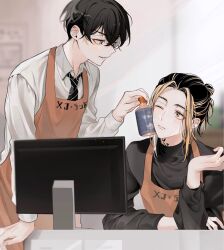 2boys apron black_hair black_necktie black_shirt blonde_hair bottle bottle_to_cheek brown_apron closed_mouth collared_shirt grey_eyes hair_bun hanemiya_kazutora highres holding holding_bottle long_sleeves looking_at_another male_focus matsuno_chifuyu medium_hair mole mole_under_eye monitor multicolored_hair multiple_boys neck_tattoo necktie neconecowc one_eye_closed shirt short_hair smile table tattoo tokyo_revengers two-tone_hair upper_body white_shirt yellow_eyes