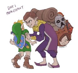 2boys brown_hair esuyaaa12 green_tunic happy_mask_salesman highres hylian_shield link merchant multiple_boys nintendo pointy_ears shield shield_on_back the_legend_of_zelda the_legend_of_zelda:_majora&#039;s_mask tunic