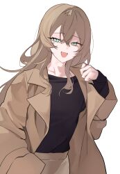 1boy absurdres black_shirt blonde_hair coat commentary_request crossed_bangs green_eyes highres jewelry long_hair male_focus open_clothes open_coat original ring shirt solo trap upper_body white_background zurui_ninjin