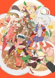 5girls belt bikini bikini_top_only blonde_hair blue_eyes bow brown_hair chin_strap chinese_clothes dark-skinned_female dark_skin egg fang fingernails food food-themed_clothes fork fringe_trim fruit green_footwear hair_bow hair_over_one_eye hat in_food jiangshi kneehighs long_hair long_sleeves looking_at_viewer lying multicolored_legwear multiple_girls noodles original pasta personification plate pointy_ears rakuchii_(rurituvo) red_eyes shoes silver_hair sleeves_past_wrists socks spaghetti striped_clothes striped_legwear striped_thighhighs swimsuit thighhighs twintails udon very_long_hair watermelon