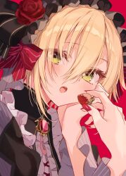 1boy absurdres black_dress black_hairband blonde_hair bow crossdressing dress eyelashes flower food frilled_dress frilled_hairband frills frozen_yakan fruit gem green_eyes hair_between_eyes hairband hand_on_own_cheek hand_on_own_face hand_up highres holding holding_food holding_fruit light_blush long_sleeves looking_at_viewer nail_polish nijisanji official_alternate_costume open_mouth red_background red_bow red_flower red_gemstone red_nails red_rose rose short_hair simple_background solo straight_hair strawberry striped_bow teeth tongue trap upper_body uzuki_kou uzuki_kou_(4th_costume) virtual_youtuber wide_sleeves