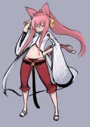 Rule 34 | 1girl, animal ears, arc system works, arm up, bangle, bell, belt, black belt, black panties, blazblue, bracelet, breasts, capri pants, cat ears, cat tail, full body, glasses, grey background, groin, hair between eyes, hair ribbon, hand on own hip, hand on own head, highres, jewelry, jingle bell, johan (johan13), kokonoe (blazblue), legs apart, long hair, looking at viewer, multiple tails, navel, open fly, panties, pants, pince-nez, pink hair, ponytail, red pants, ribbon, sidelocks, simple background, slit pupils, small breasts, solo, standing, tail, triangle mouth, two tails, underwear, v-shaped eyebrows, very long hair, yellow eyes, yellow ribbon
