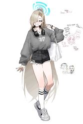 1girl anyak05 asuna_(blue_archive) bag baggy_clothes black_headphones black_shorts blonde_hair blue_archive blue_eyes blue_halo blue_nails blue_scrunchie doodle_sensei_(blue_archive) female_focus hair_over_one_eye halo headphones jewelry koharu_(blue_archive) korean_text long_hair long_sleeves looking_at_viewer millennium_science_school_logo necklace nike_(company) ponytail scrunchie sensei_(blue_archive) shirt shoes shorts shoulder_bag smile sneakers socks speech_bubble sweater tagme thighs thought_bubble white_background white_bag white_shoes white_socks