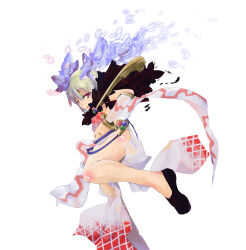 1girl argyle_clothes argyle_dress belt black_shoes blonde_hair blue_belt blue_horns commentary_request detached_sleeves dress full_body fur_collar highres horns ice_horns looking_at_viewer nazo open_mouth ragnarok_online red_eyes shoes short_hair side_slit simple_background sleeveless sleeveless_dress solo sorcerer_(ragnarok_online) white_background white_dress white_sleeves