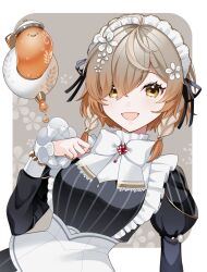 1girl :d braid brown_eyes brown_hair flower hair_flower hair_ornament highres juliet_sleeves klara_charmwood long_sleeves looking_at_viewer low_twin_braids maid maid_headdress masumofu medium_hair nijisanji nijisanji_en open_mouth puffy_sleeves smile triple_ahoge twin_braids virtual_youtuber