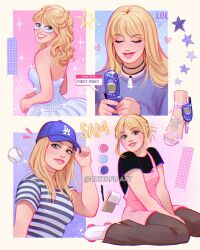 1girl a_cinderella_story apron artist_name baseball_cap black_shirt blonde_hair blue_hat brown_eyes brown_pants cellphone closed_eyes dress flip_phone hat highres holding holding_phone jewelry long_hair looking_at_viewer luztapiaart multiple_views necklace pants phone pink_apron samantha_montgomery shirt short_sleeves sitting speech_bubble strapless strapless_dress striped_clothes striped_shirt two-tone_shirt wariza watermark white_dress white_shirt