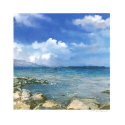 blue_sky border cloud cloudy_sky day mimoth no_humans ocean original outdoors scenery shore signature sky water white_border