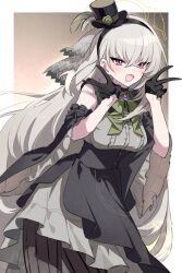 1girl ascot black_gloves black_hat black_pantyhose blue_archive breasts cowboy_shot crossed_bangs detached_sleeves double_v earrings flower gloves green_ascot green_flower grey_hair hair_between_eyes halo hands_up hashtag-only_commentary hat highres idol idol_clothes jewelry long_hair looking_at_viewer mini_hat mini_top_hat official_alternate_costume pantyhose purple_eyes sakurako_(blue_archive) sakurako_(idol)_(blue_archive) solo top_hat tupikeee v wide_sleeves