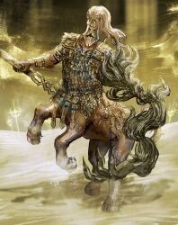1boy armor blood blue_blood centaur cross elden_ring elden_ring_nightreign fulghor_(elden_ring) full_body helmet highres hooves in-universe_location monster outdoors polearm rashuu signature sky solo spear standing taur weapon
