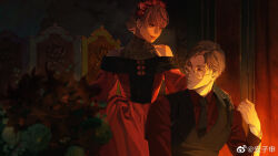 Rule 34 | 1boy, 1girl, anzishen, black necktie, brown hair, chair, crown, dress, earrings, flower, glasses, highres, jewelry, light and night love, lu chen, necktie, red dress, red eyes, red lips, red shirt, shirt