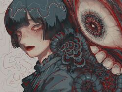 1girl 64_kda abstract_background black_hair black_shirt breasts bright_pupils collar commentary_request crying crying_with_eyes_open eldritch_abomination frilled_collar frills grey_eyes mushroom original red_eyes red_lips shirt signature sweat tears teeth tentacles veins veiny_breasts warts white_pupils