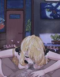 1boy 1girl absurdres blonde_hair bonsai breasts bukkake closed_eyes cum cum_on_body cum_on_breasts cum_on_hair cum_on_stomach cum_on_upper_body cynthia_(pokemon) desperate_airpo facial fellatio garchomp gen_4_pokemon gible hetero highres indoors long_hair night nintendo oral painting_(object) pokemon pokemon_dppt very_long_hair