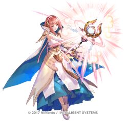 1girl 2017 cloak company_name copyright_name copyright_notice dress fire_emblem fire_emblem_fates fire_emblem_heroes fuzichoco gold_trim hairband holding holding_shield holding_staff looking_at_viewer nintendo official_alternate_costume official_art pink_eyes pink_hair sakura_(fire_emblem) sakura_(in_full_bloom)_(fire_emblem) sandals shield sidelocks solo staff tabi white_cloak white_dress