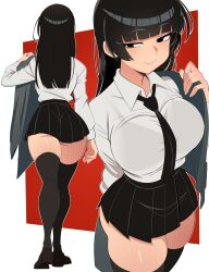 1girl absurdres black_eyes black_footwear black_hair black_jacket black_necktie black_skirt black_thighhighs blunt_bangs body_freckles bra_visible_through_clothes breasts closed_mouth collared_shirt commentary cowboy_shot dress_shirt english_commentary freckles from_behind highres jacket large_breasts legs_together long_hair long_sleeves looking_at_viewer maidcousin miniskirt multiple_views necktie original pleated_skirt red_background removing_jacket shirt shirt_tucked_in skirt smile standing thighhighs two-tone_background underbutt walking white_background white_shirt
