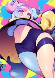 abarai_(abarabone) blush bow-shaped_hair breasts cameltoe character_hair_ornament from_below grin hair_ornament hexagon_print highres iono_(pokemon) long_hair long_sleeves low-tied_long_hair medium_breasts navel nintendo oversized_clothes pokemon pokemon_sv sharp_teeth shirt sleeveless sleeveless_shirt sleeves_past_fingers sleeves_past_wrists smile teeth very_long_sleeves x